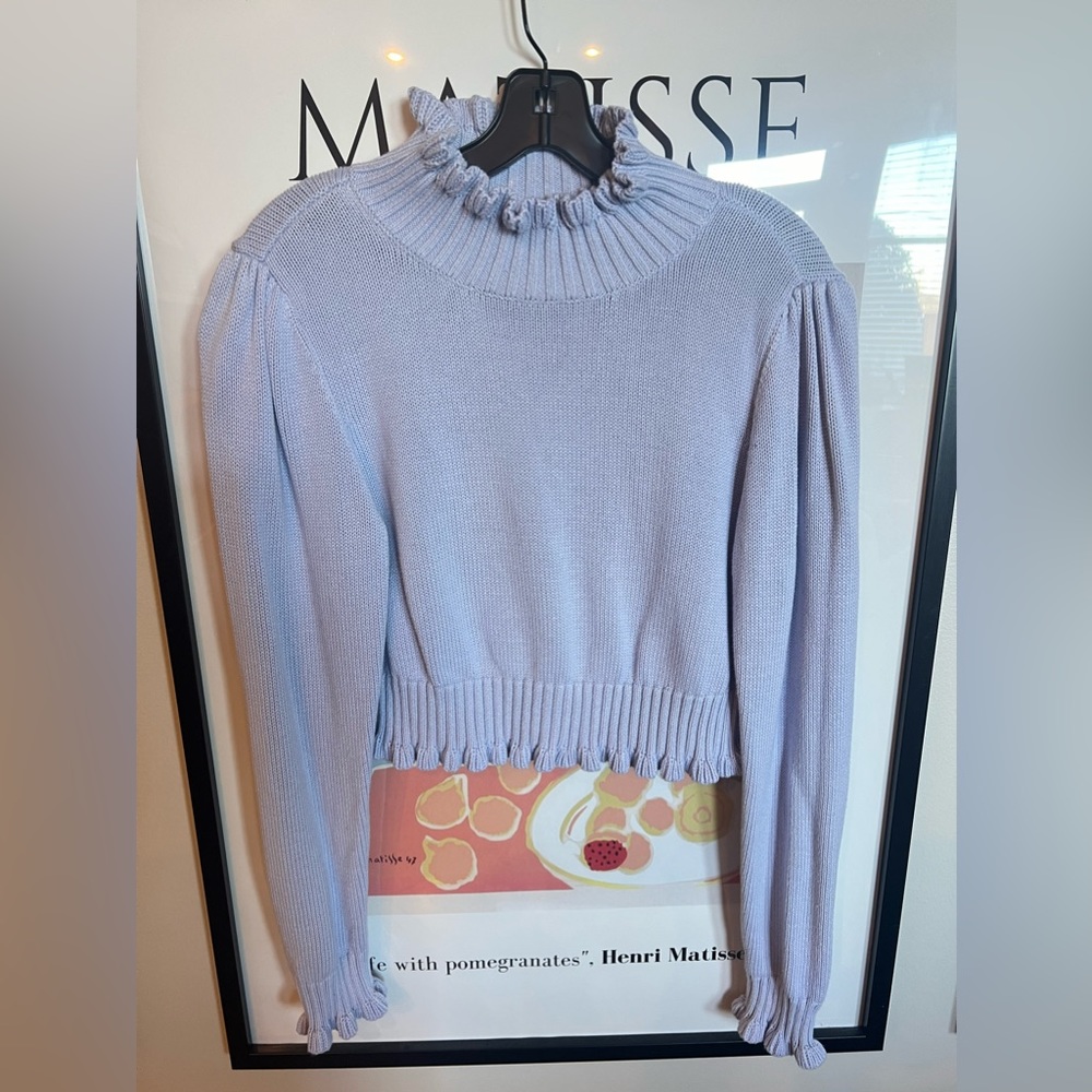 525 BABY BLUE CROPPED TURTLENECK SWEATER WITH RUFFLE DETAIL